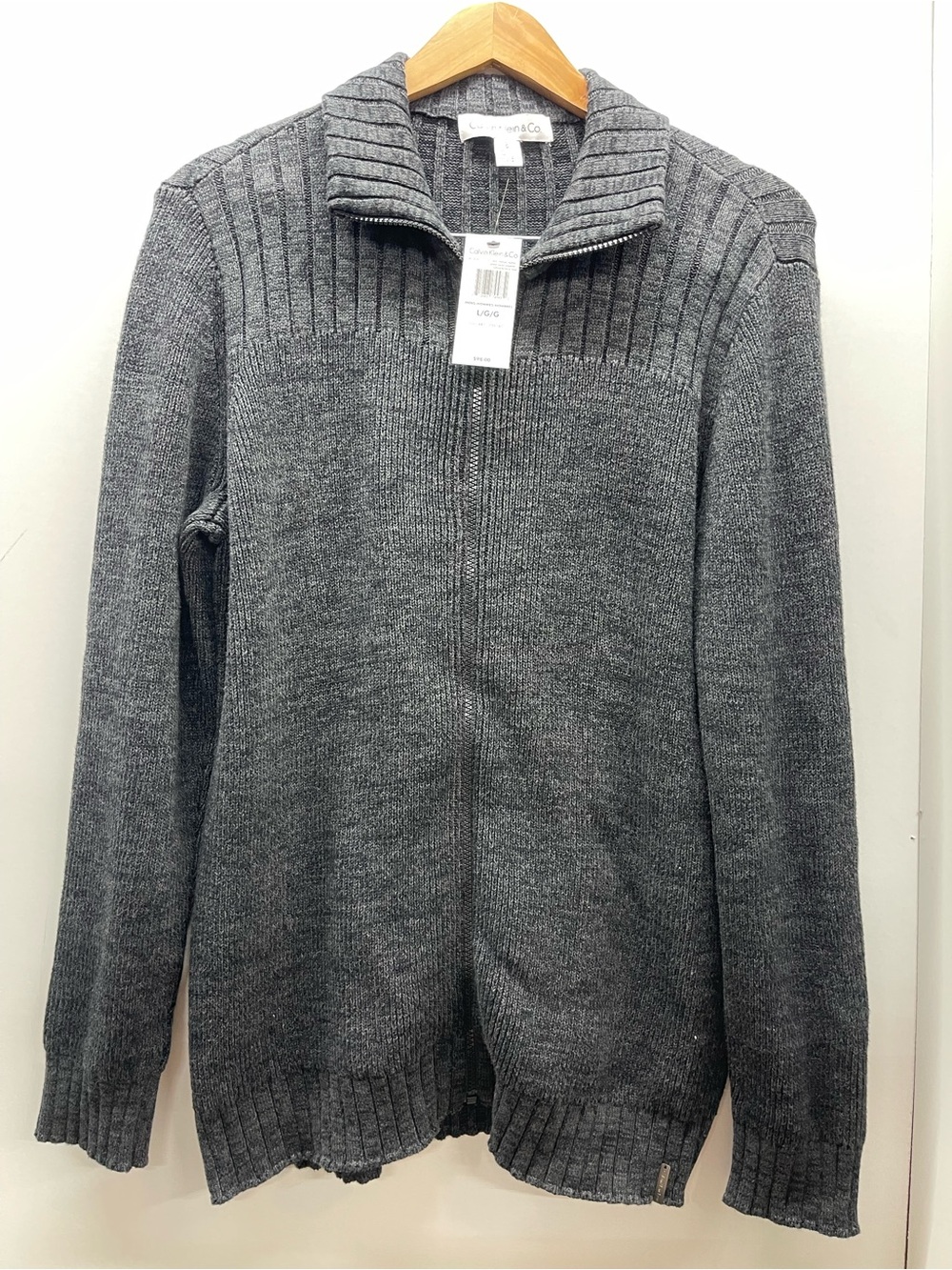 Calvin Klein‎ Men's Charcoal Full-Zip Ribbed Knit Sweater